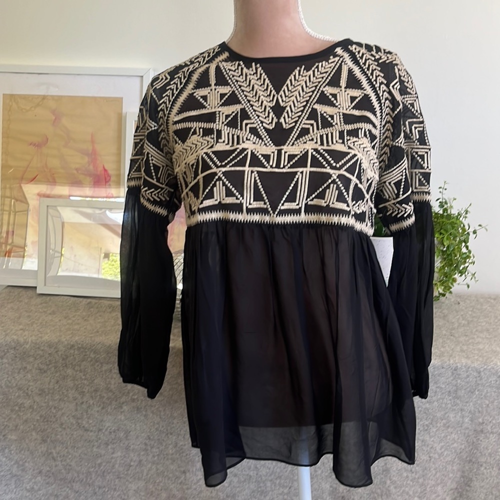 Black sheer silk Sundance top with cream embroidery. Size S